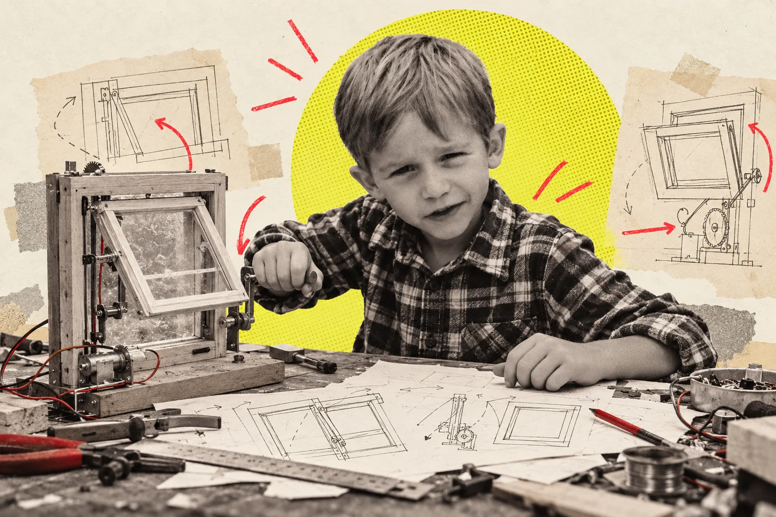 Imagined collage of young Andrew at an invention workbench, based on his childhood photo