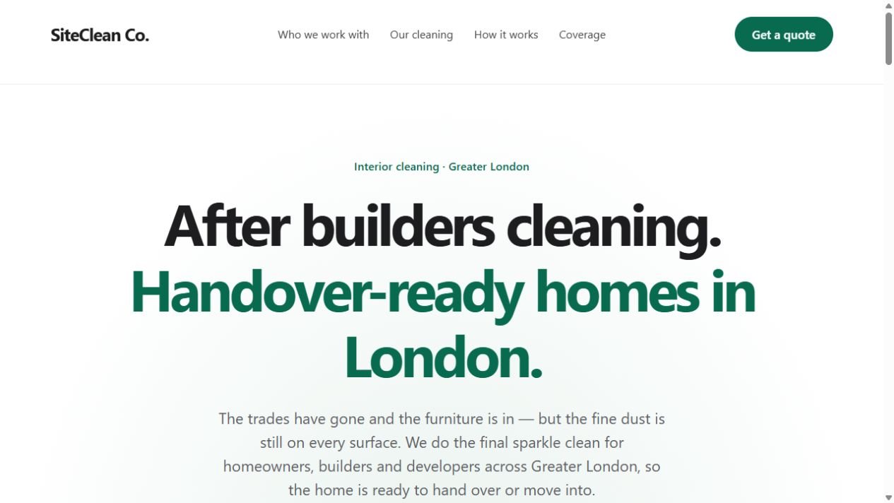 The real SiteClean homepage, with its after builders cleaning headline